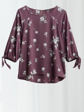 Papermoon Stitch Fix Purple Floral Blouse Tie Sleeve Scoop Neck Size S
